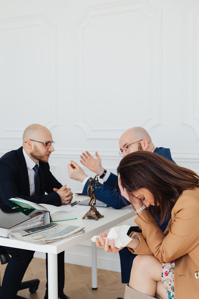 Inicio Intense legal discussion between two men and a distressed woman in an office setting with Lady Justice statue.